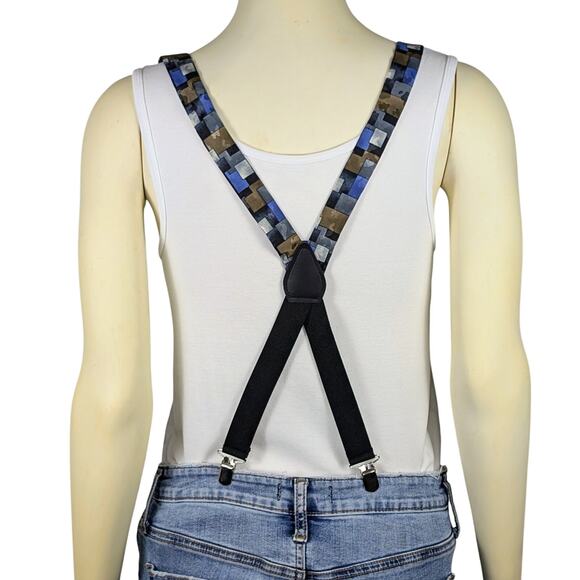 Retro Y-Back Suspenders Clip On Adjustable 90s Geometric Brown Blue Black Gray - Picture 2 of 8